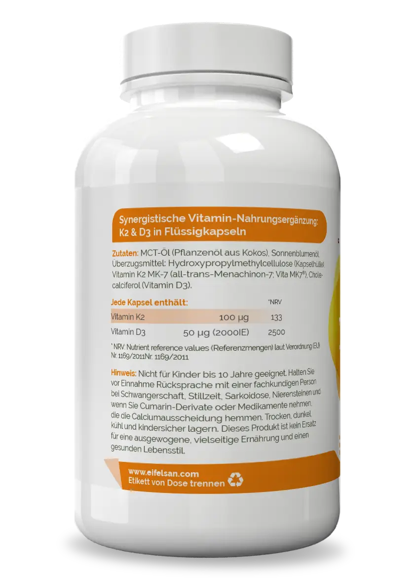 Vitamin K2 D3 Inhaltsstoffe Vitamin K2 als Vita MK7® kombiniert mit Vitamin D3, MCT-Öl und Sonnenblumenöl