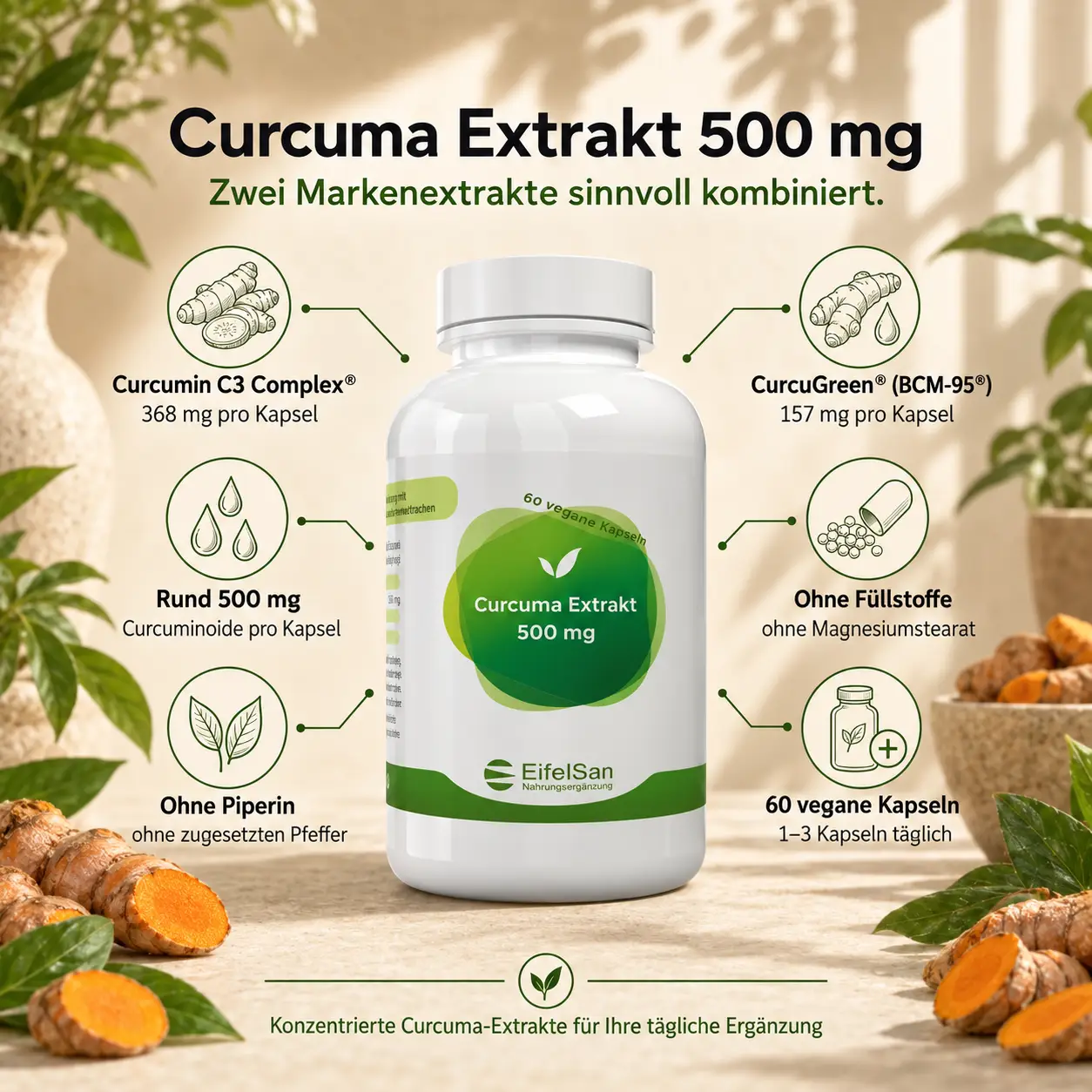 Curcuma Extrakt 500 mg - 60 Kapseln Curcumin C3 Complex® + BCM-95®
