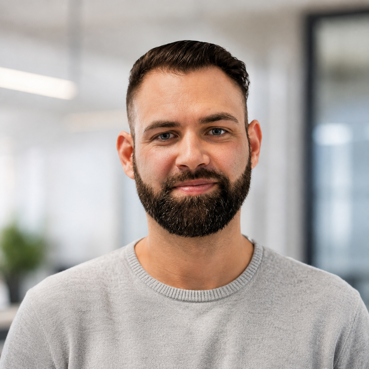 Bart, Mann, grauer Pullover, kurze Haare, Porträt