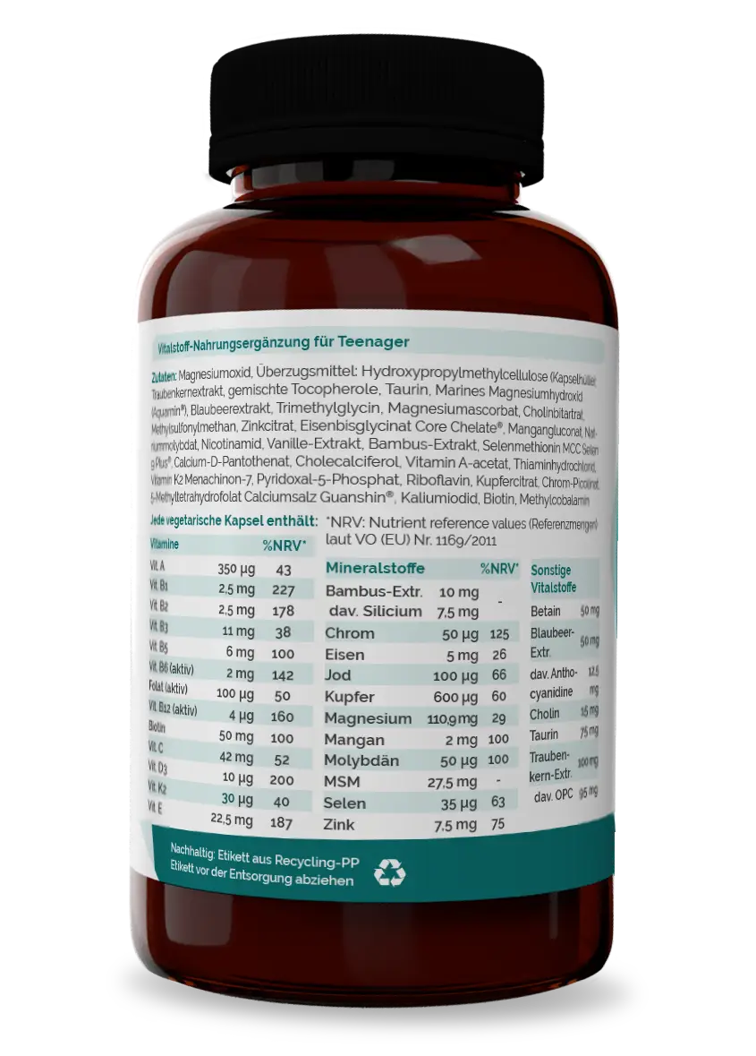 Teenager Multi Inhaltsstoffe Vitalstoff-Komplex mit B-Vitaminen, Vitamin D3, Mineralstoffen, Taurin, Betain und Blaubeer-Extrakt