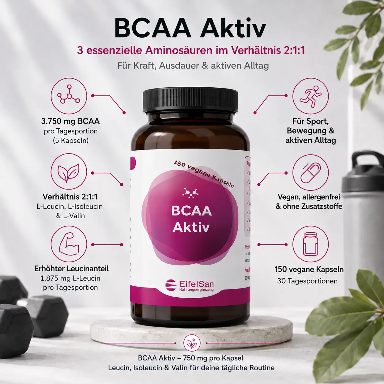 BCAA Aktiv 3750 mg – 150 vegane Kapseln