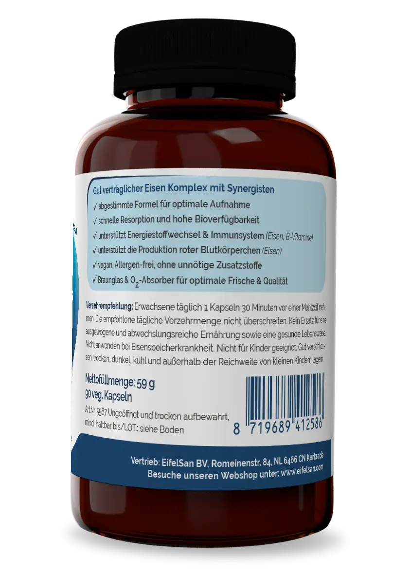 Organisches Eisen Etikett Etikett von Organisches Eisen Aktiv Plus – 30 mg Eisen pro Kapsel