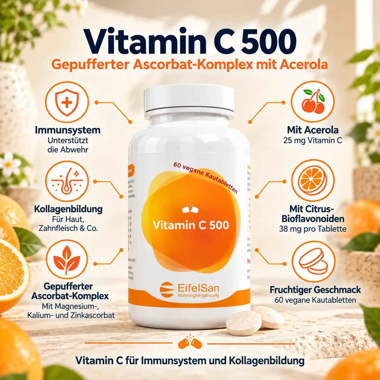 Vitamin C 500 mg - 60 Kautabletten mit Acerola Vitamin C 500 mg - 60 Kautabletten mit Acerola