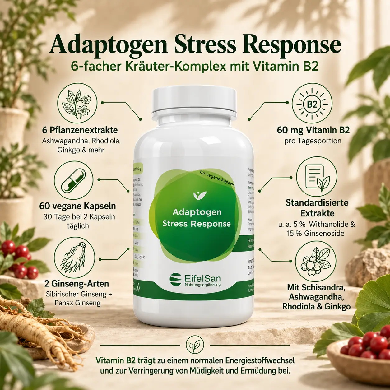 Adaptogene Stress Response - 60 vegane Kapseln mit 6 Kräutern Adaptogene Stress Response - 60 vegane Kapseln mit 6 Kräutern