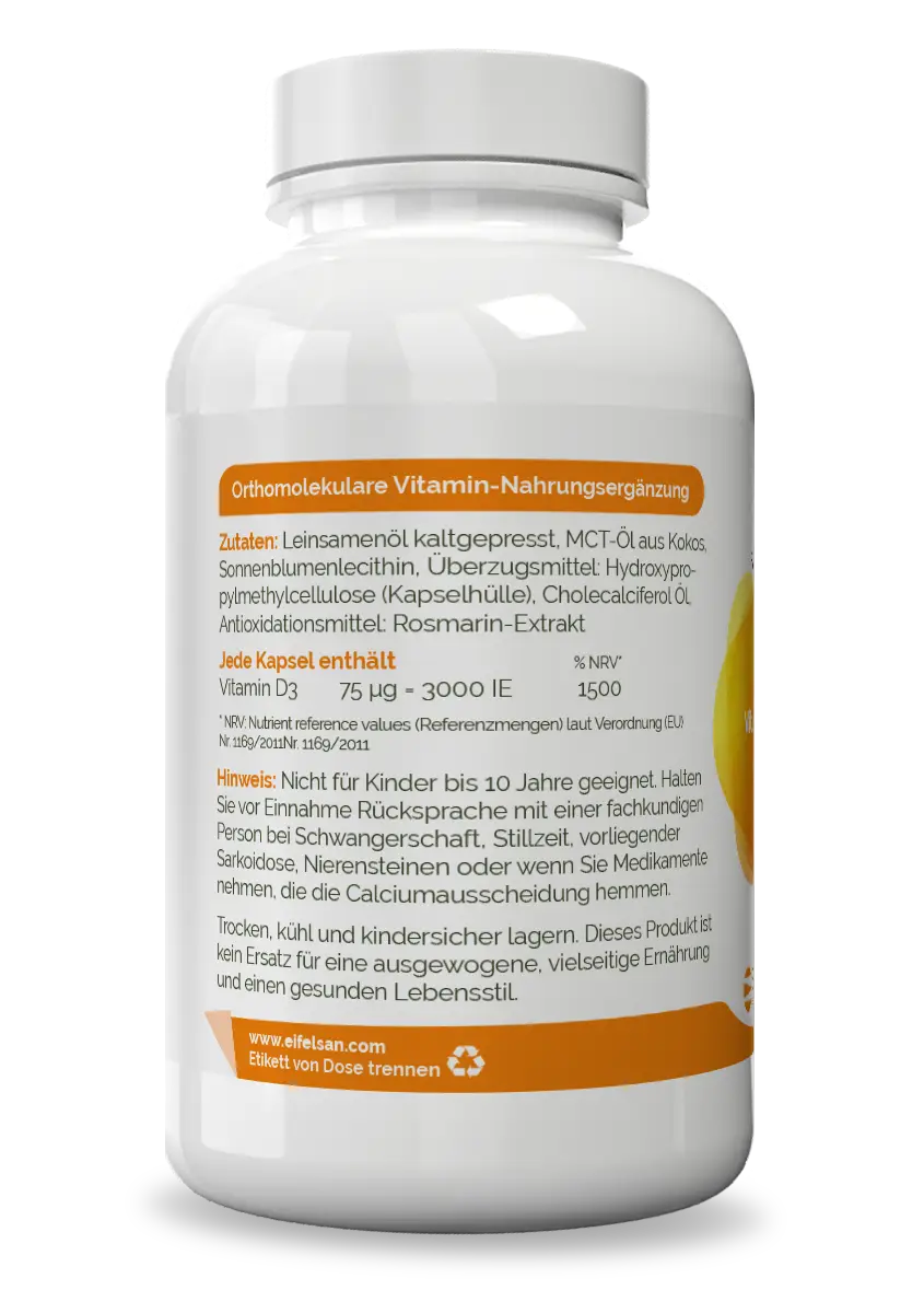 Vitamin D3 Inhaltsstoffe Vitamin D3 als Cholecalciferol kombiniert mit Leinöl und Sonnenblumenlecithin