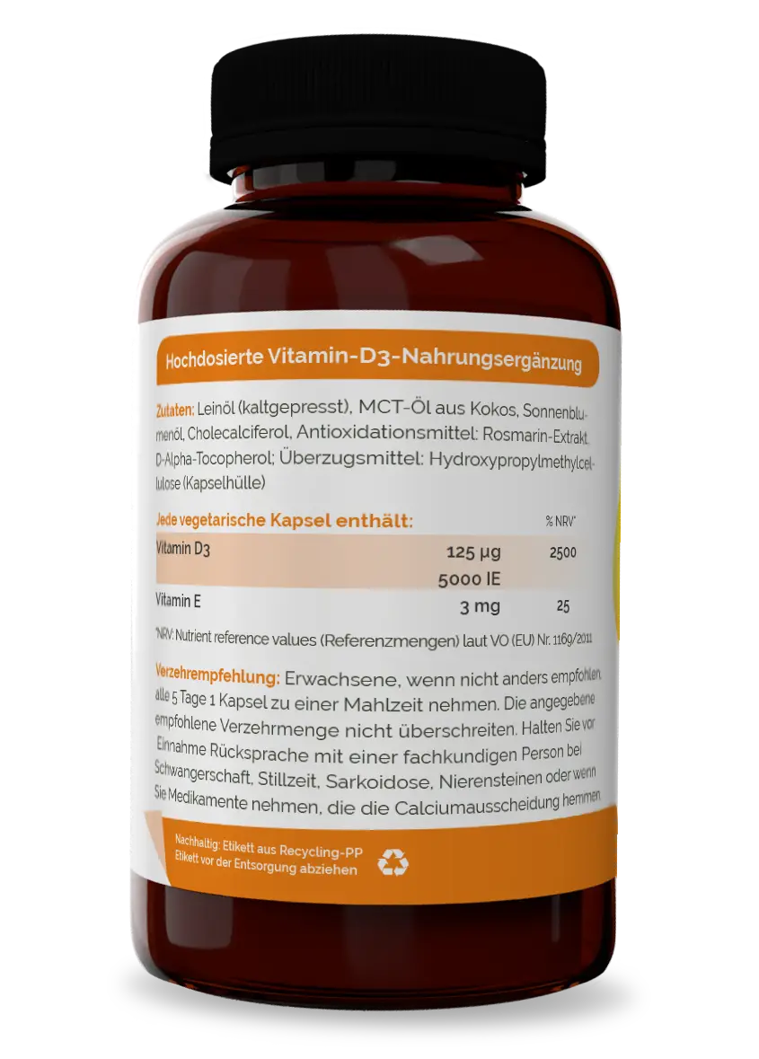 Vitamin D3 Inhaltsstoffe Vitamin D3 als Cholecalciferol kombiniert mit Leinöl, MCT-Öl, Sonnenblumenöl und Rosmarin-Extrakt
