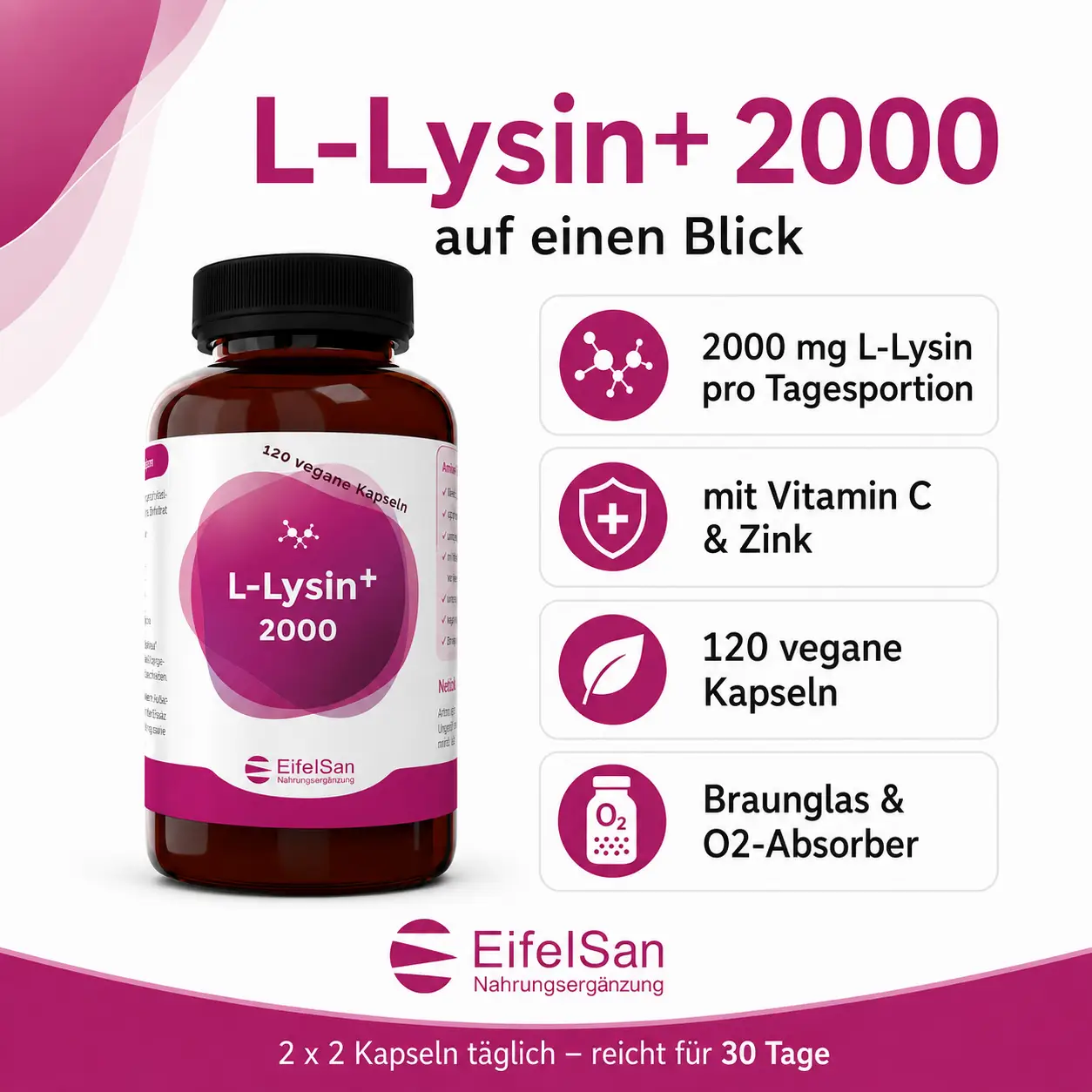 EifelSan L-Lysin Kapseln mit Vitamin C aus Ascorbyl-Palmitat und Zinkcitrat Infografik