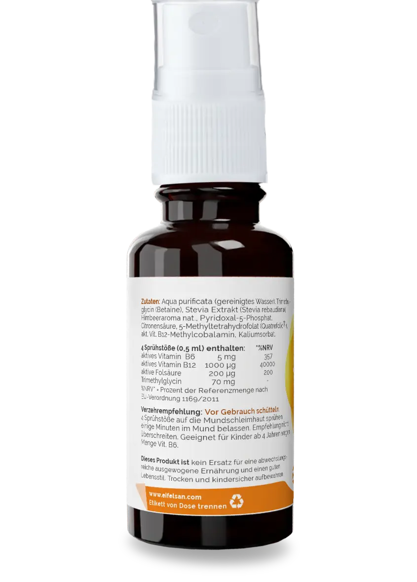 Vitamin B12 Inhaltsstoffe Vitamin-B-Komplex als Spray mit Methylcobalamin, aktivem B6, aktivem Folat und Betain