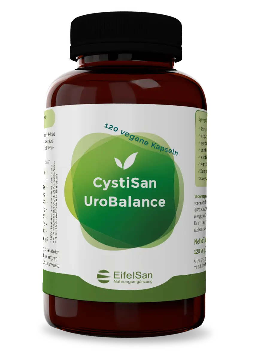 CystiSan UroBalance Nahrungsergänzung im Braunglas mit schwarzem Deckel und veganen DR-Kapseln