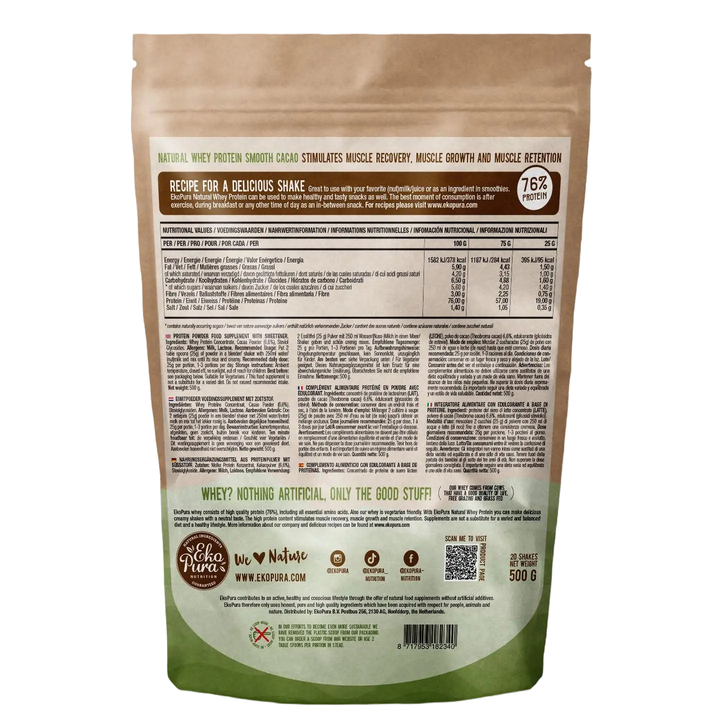 Ekopura Whey Protein Kakao – 500 g, 76 % Eiweiß
