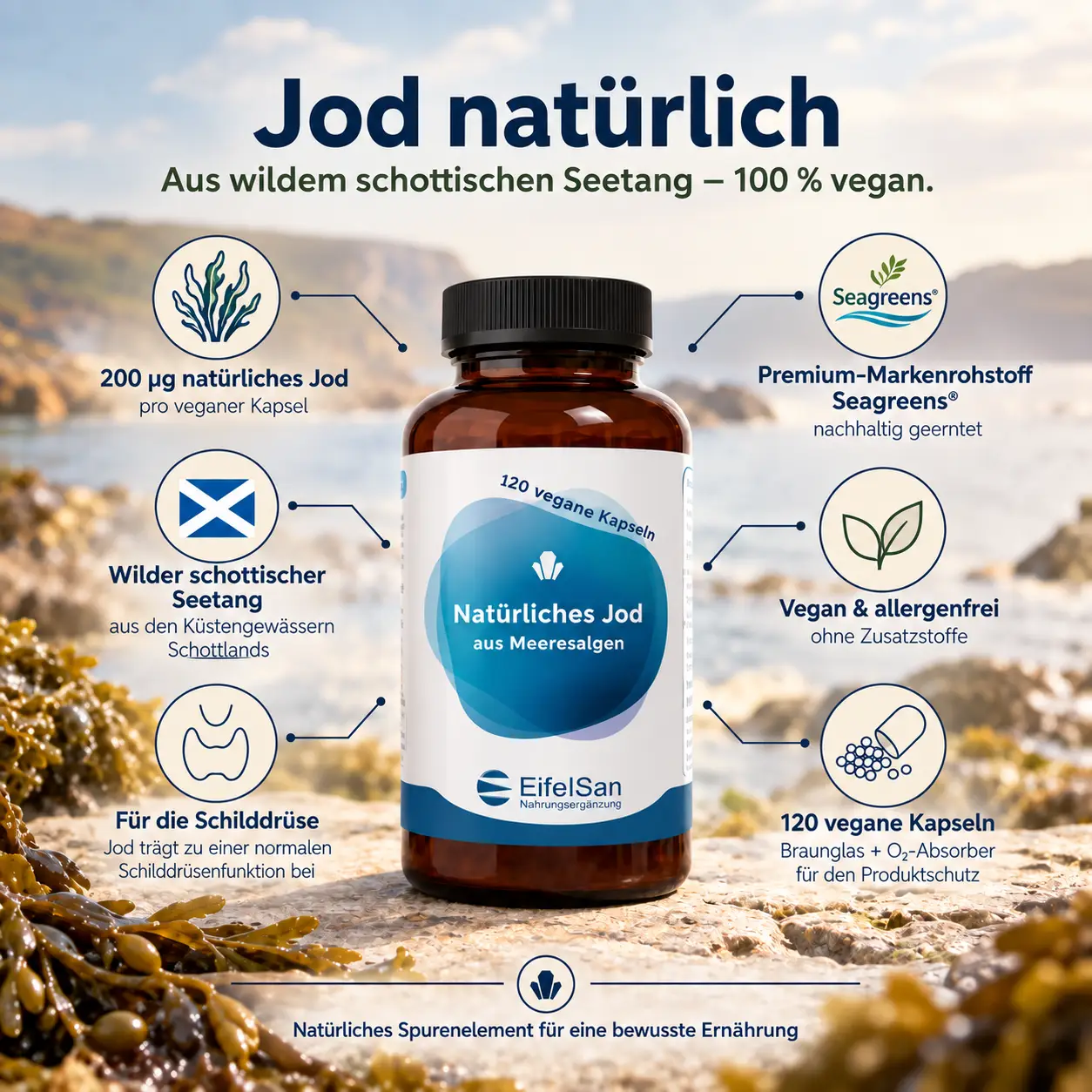 Jod natürlich 200 µg – 120 Kapseln aus schottischem Seetang